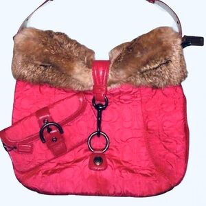 Bright Pink Quilted Bag with Rabbit Fur Trim and matching Wristlet